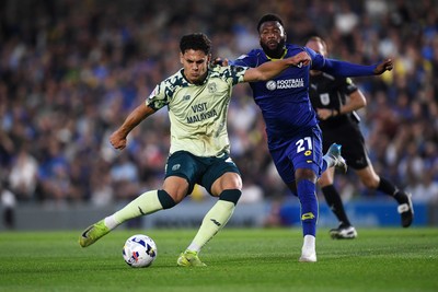 190825 - AFC Wimbledon v Cardiff City - Sky Bet League 1 - Yousef Salech of Cardiff City has a shot on goal