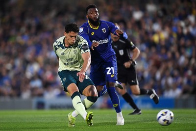 190825 - AFC Wimbledon v Cardiff City - Sky Bet League 1 - Yousef Salech of Cardiff City has a shot on goal