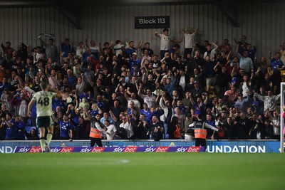 190825 - AFC Wimbledon v Cardiff City - Sky Bet League 1 - Cardiff City fans  celebrate after David Turnbull of Cardiff City scores a late goal to win the match