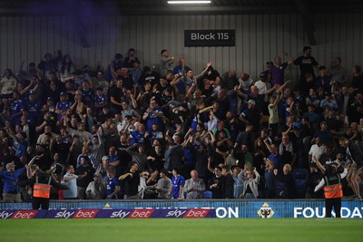 190825 - AFC Wimbledon v Cardiff City - Sky Bet League 1 - Cardiff City fans  celebrate after David Turnbull of Cardiff City scores a late goal to win the match
