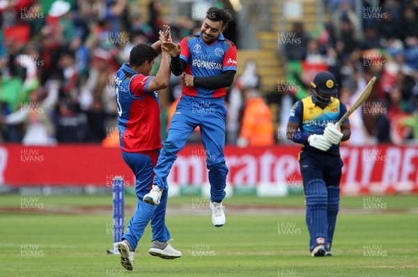 040619 - Afghanistan v Sri Lanka - ICC Cricket World Cup 2019 - Rashid Khan of Afghanistan celebrates as Kusal Perera is caught by Mohammad Shahzad