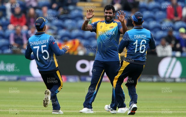 040619 - Afghanistan v Sri Lanka - ICC Cricket World Cup 2019 - Thisara Perera of Sri Lanka celebrates bowling out Mohammad Nabi with team mates