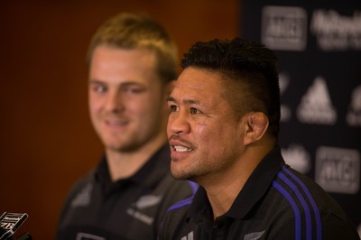 171114 -  New Zealand All Blacks Rugby Press Conference, Cardiff - All Blacks Sam Crane, left, and  Keven Mealamu during press conference ahead of the match against Wales