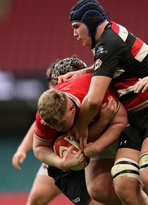 170426 - Amman United v Pontypool United, Road to Principality Finals, Boys U18 Cup Final - Hefin Davies of Amman United is tackled short of the line