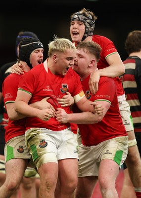 170426 - Amman United v Pontypool United, Road to Principality Finals, Boys U18 Cup Final - Cole Lacey of Amman United celebrates with team mates after he dives in to score try