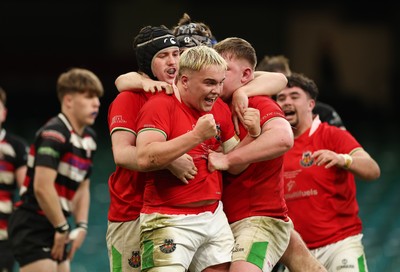 170426 - Amman United v Pontypool United, Road to Principality Finals, Boys U18 Cup Final - Cole Lacey of Amman United celebrates with team mates after he dives in to score try