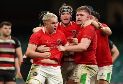 170426 - Amman United v Pontypool United, Road to Principality Finals, Boys U18 Cup Final - Cole Lacey of Amman United celebrates with team mates after he dives in to score try