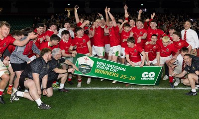 170426 - Amman United v Pontypool United, Road to Principality Finals, Boys U18 Cup Final - Amman United celebrate the win after being presented with the trophy