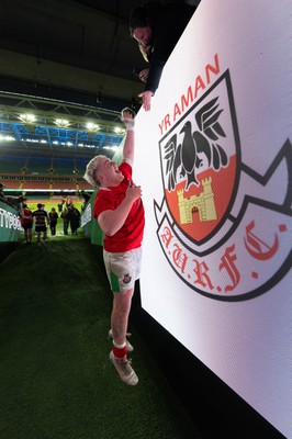 170426 - Amman United v Pontypool United, Road to Principality Finals, Boys U18 Cup Final - Player of the Match Cole Lacey of Amman United celebrates the win