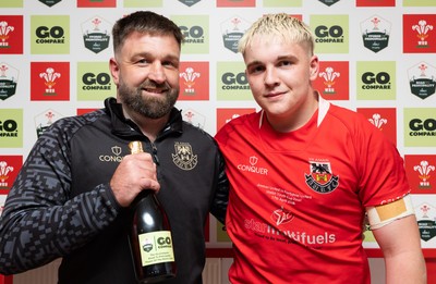 170426 - Amman United v Pontypool United, Road to Principality Finals, Boys U18 Cup Final - Player of the Match Cole Lacey of Amman United celebrate the win after being presented with the trophy