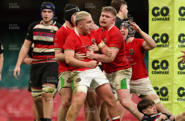 170426 - Amman United v Pontypool United, Road to Principality Finals, Boys U18 Cup Final - Cole Lacey of Amman United celebrates with team mates after he dives in to score try
