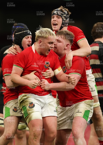 170426 - Amman United v Pontypool United, Road to Principality Finals, Boys U18 Cup Final - Cole Lacey of Amman United celebrates with team mates after he dives in to score try