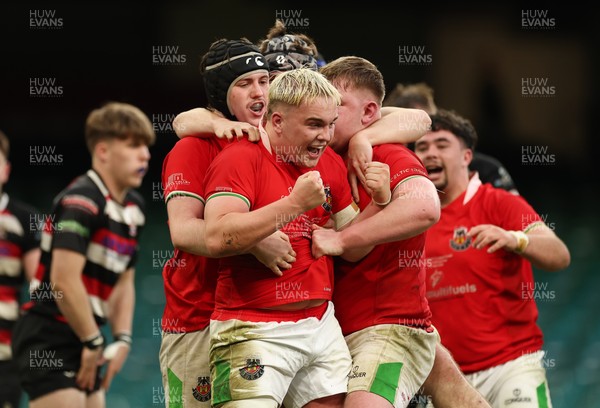 170426 - Amman United v Pontypool United, Road to Principality Finals, Boys U18 Cup Final - Cole Lacey of Amman United celebrates with team mates after he dives in to score try