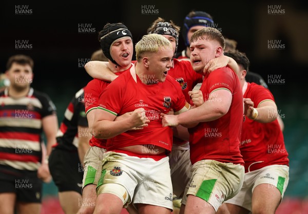 170426 - Amman United v Pontypool United, Road to Principality Finals, Boys U18 Cup Final - Cole Lacey of Amman United celebrates with team mates after he dives in to score try
