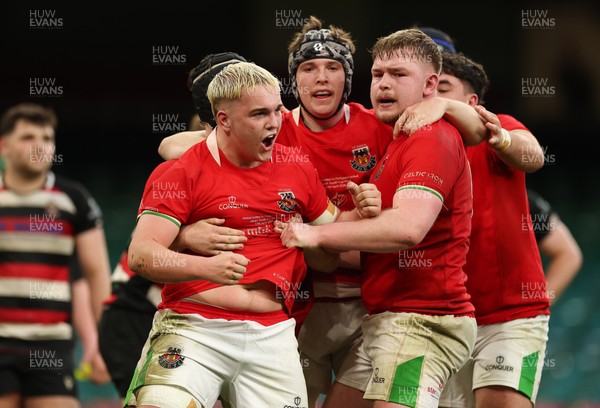 170426 - Amman United v Pontypool United, Road to Principality Finals, Boys U18 Cup Final - Cole Lacey of Amman United celebrates with team mates after he dives in to score try