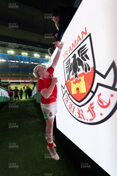 170426 - Amman United v Pontypool United, Road to Principality Finals, Boys U18 Cup Final - Player of the Match Cole Lacey of Amman United celebrates the win