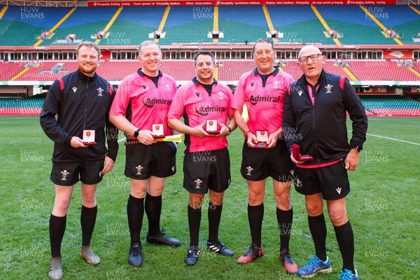 070423 - Ammanford v Burry Port - WRU National Youth U18 Plate Final - The match officials with their medals