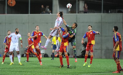 090914 - Andorra v Wales - 2016 Euro Qualifier -Gareth Bale of Wales heads at goal