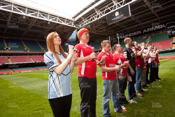 130313 - Anthem singing at The Millennium Stadium - Celebrities including Sophie Evans, Wynne Evans, Wyn Davies of Only Men Aloud, Tenors of Rock,  and Derek Brockway gather at the Millennium Stadium to belt out the Welsh National Anthem