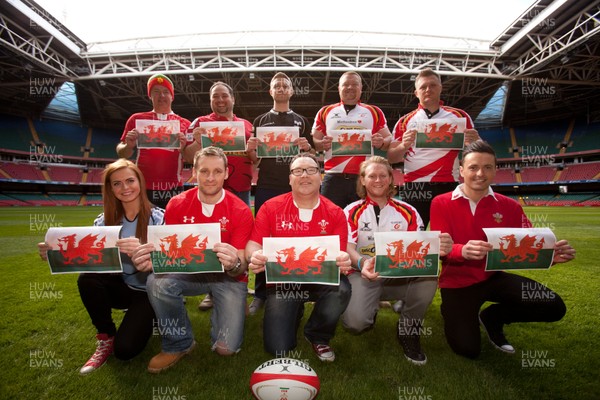 130313 - Anthem singing at The Millennium Stadium - Celebrities including Sophie Evans, Wynne Evans, Wyn Davies of Only Men Aloud, Tenors of Rock,  and Derek Brockway gather at the Millennium Stadium to belt out the Welsh National Anthem Pictured with the song sheets that will be handed out at the match