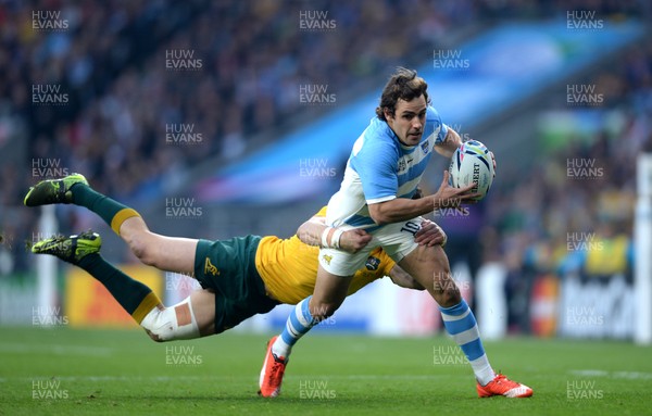 251015 - Argentina v Australia - Rugby World Cup Semi Final 2015 -Nicolas Sanchez of Argentina is tackled by Adam Ashley-Cooper of Australia