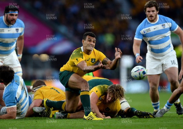 251015 - Argentina v Australia - Rugby World Cup Semi Final 2015 -Will Genia of Australia gets the ball away