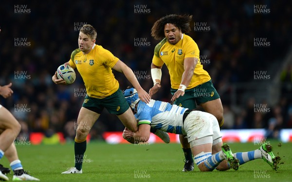 251015 - Argentina v Australia - Rugby World Cup Semi Final 2015 -Drew Mitchell of Australia takes on Matias Alemanno of Argentina