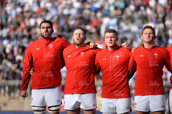 090618 - Argentina v Wales - International Rugby Union - Cory Hill, Rob Evans, Scott Williams and Hallam Amos of Wales during the anthems
