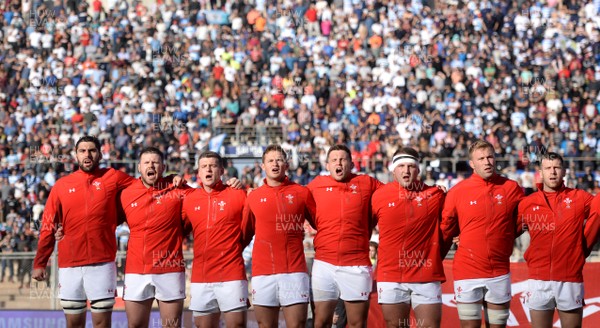 090618 - Argentina v Wales - International Rugby Union - Cory Hill, Rob Evans, Scott Williams, Hallam Amos, Elliot Dee, Dillon Lewis, Ross Moriarty and Gareth Davies of Wales during the anthems
