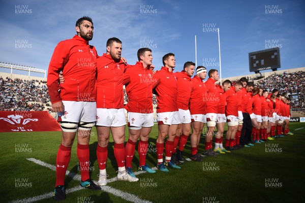 090618 - Argentina v Wales - International Rugby Union - Cory Hill of Wales and his side line up for the anthems