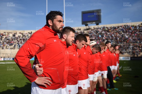 090618 - Argentina v Wales - International Rugby Union - Cory Hill of Wales and his side line up for the anthems