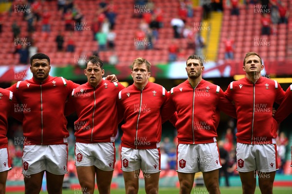 100721 - Argentina v Wales - International Rugby - Leon Brown, Ryan Elias, Nick Tompkins, Jonah Holmes and Hallam Amos during the anthems