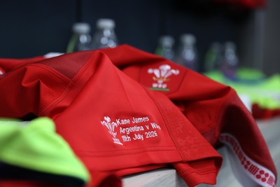110726 - Argentina v Wales - Nations Championship - Kane James of Wales jersey in the changing room