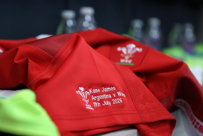 110726 - Argentina v Wales - Nations Championship - Kane James of Wales jersey in the changing room