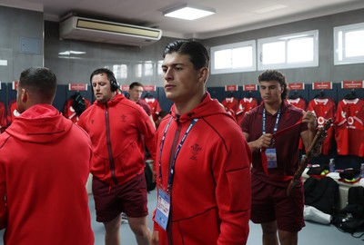 110726 - Argentina v Wales - Nations Championship - Louis Rees-Zammit of Wales in the dressing room before the game