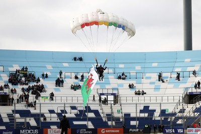 110726 - Argentina v Wales - Nations Championship - Paragliders land in the stadium