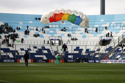 110726 - Argentina v Wales - Nations Championship - Paragliders land in the stadium