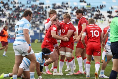 110726 - Argentina v Wales - Nations Championship - Dewi Lake of Wales celebrates scoring a try with team mates