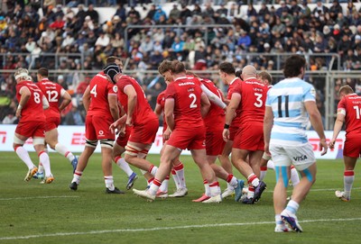 110726 - Argentina v Wales - Nations Championship - Rhys Carre of Wales celebrates scoring a try with team mates