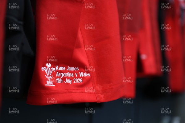 110726 - Argentina v Wales - Nations Championship - Kane James of Wales jersey in the changing room