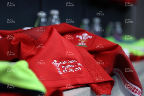 110726 - Argentina v Wales - Nations Championship - Kane James of Wales jersey in the changing room