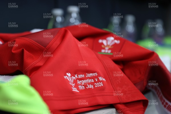 110726 - Argentina v Wales - Nations Championship - Kane James of Wales jersey in the changing room