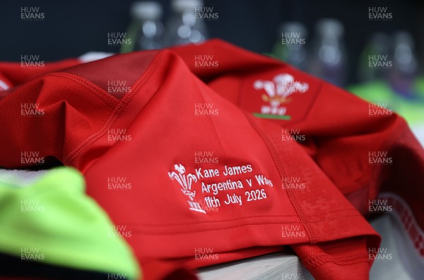 110726 - Argentina v Wales - Nations Championship - Kane James of Wales jersey in the changing room