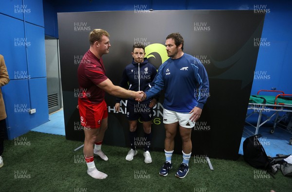 110726 - Argentina v Wales - Nations Championship - Dewi Lake of Wales and Julian Montoya of Argentina with Referee Paul Williams at the coin toss