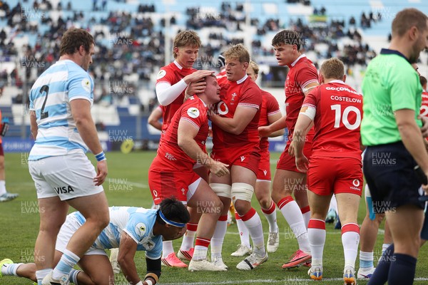 110726 - Argentina v Wales - Nations Championship - Dewi Lake of Wales celebrates scoring a try with team mates