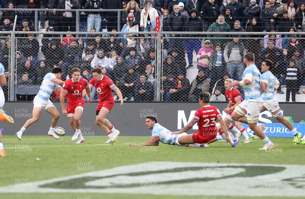 110726 - Argentina v Wales - Nations Championship - Louis Rees-Zammit of Wales is taken out by Santiago Carreras of Argentina 