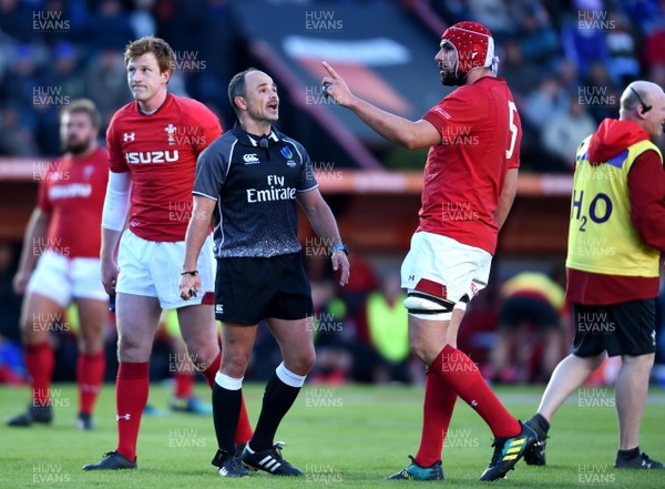 160618 - Argentina v Wales - International Rugby - Cory Hill of Wales talks to Referee Jaco Peyper