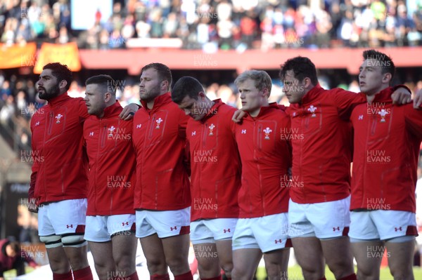 160618 - Argentina v Wales - International Rugby - Cory Hill Rob Evans, Ross Moriarty, Scott Williams, Aled Davies, Ryan Elias and Josh Adams of Wales during the anthems