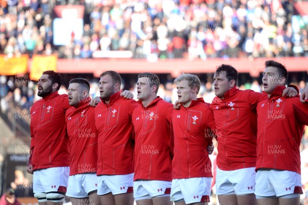 160618 - Argentina v Wales - International Rugby - Cory Hill Rob Evans, Ross Moriarty, Scott Williams, Aled Davies, Ryan Elias and Josh Adams of Wales during the anthems