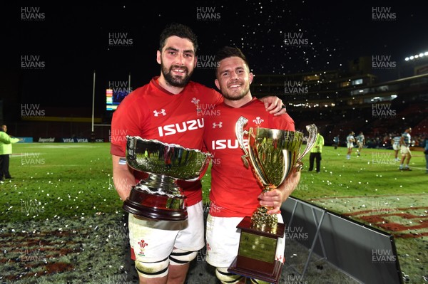 160618 - Argentina v Wales - International Rugby - Cory Hill and Ellis Jenkins of Wales celebrate at the end of the game